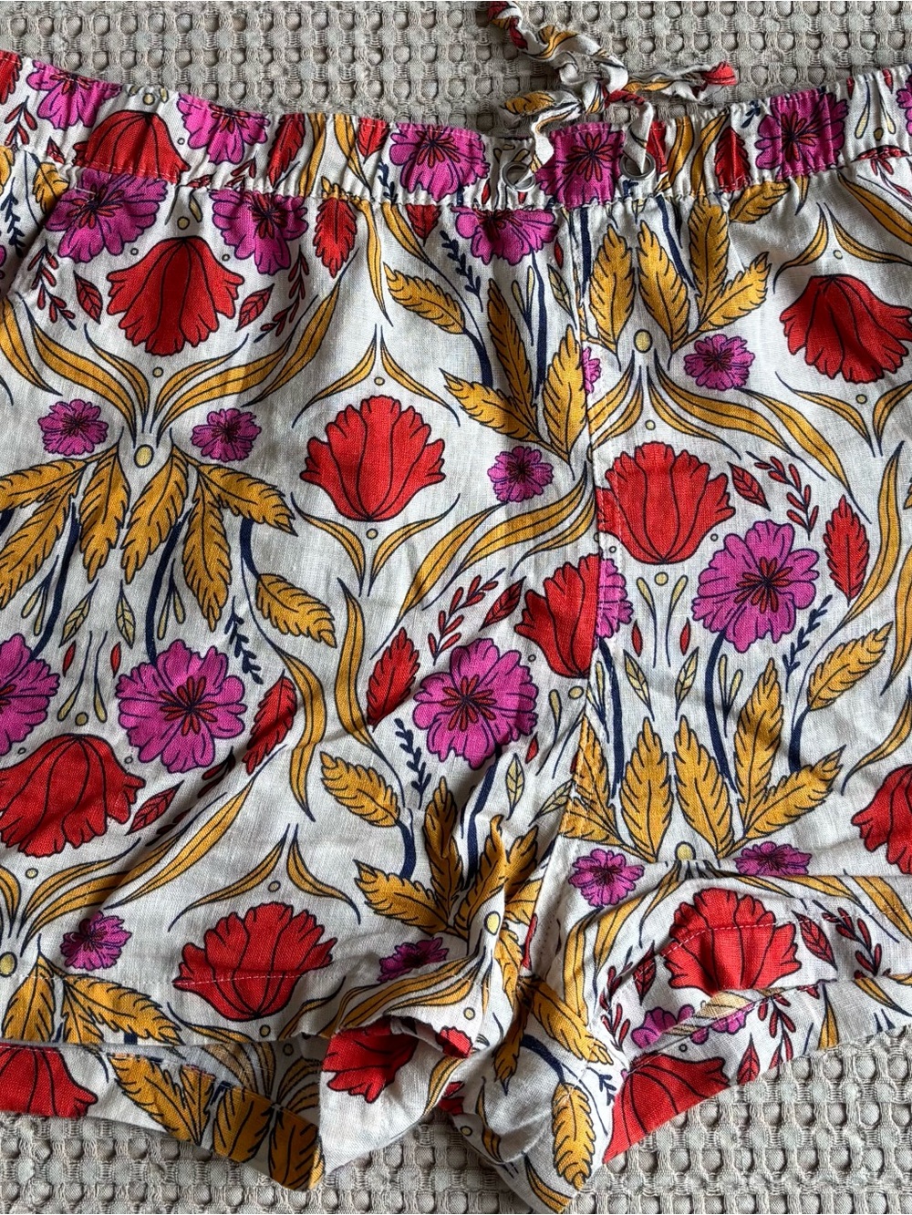 Rachel Zoe Floral High Waist Drawstring Shorts in Red, Pink & Gold